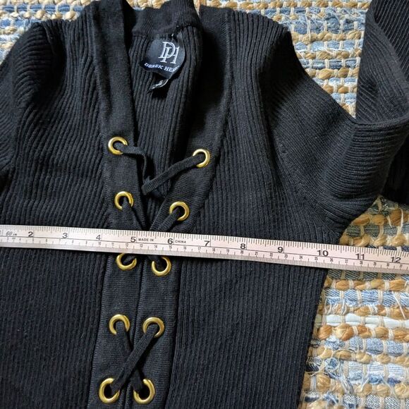 Black Ribbed Lace-Up Bodycon Dress S Long Sleeve Mini Figure Hugging Sexy - Picture 4 of 7